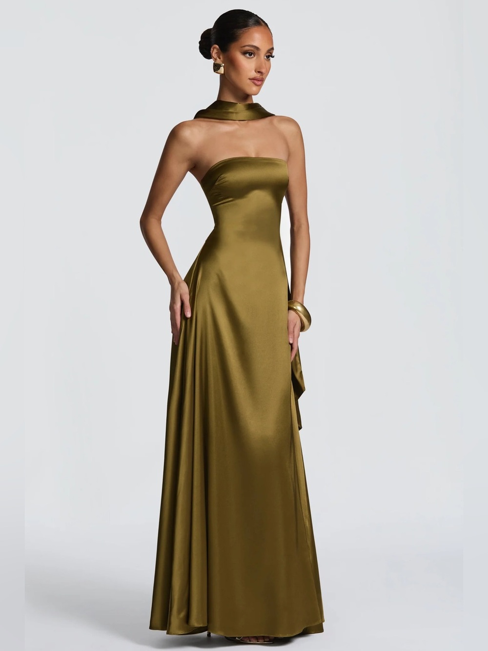 Olive Green Strapless Evening Gown with Neck Sash